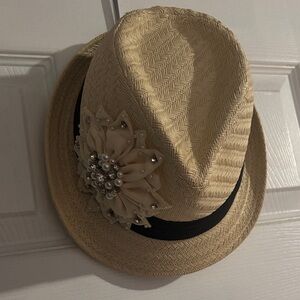 Straw Fedora Hat with Black Band and Beige Floral Accent